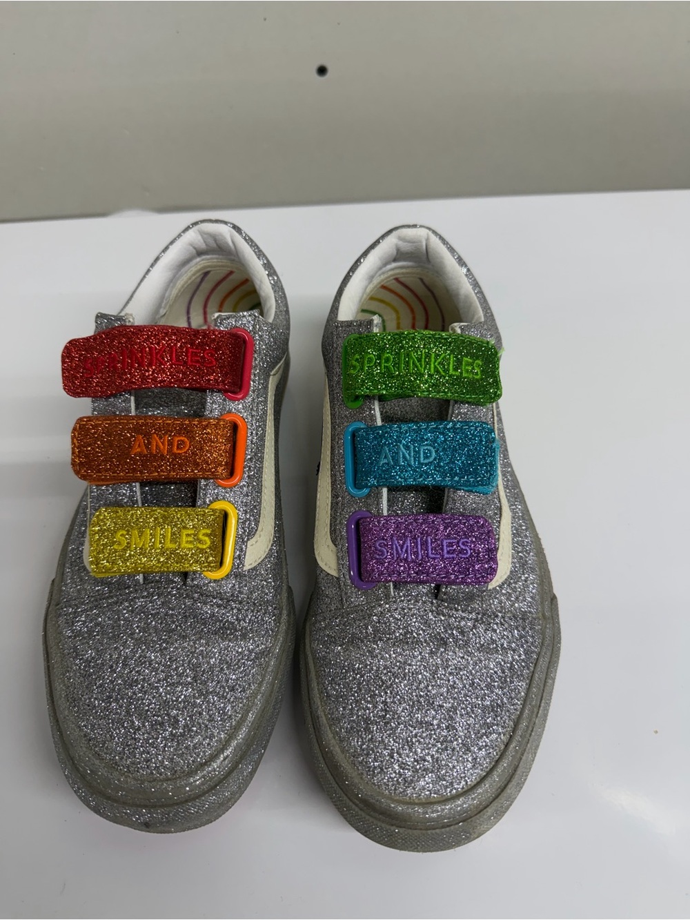 Vans Kids Silver Glitter Sneakers with Rainbow Glitter Straps